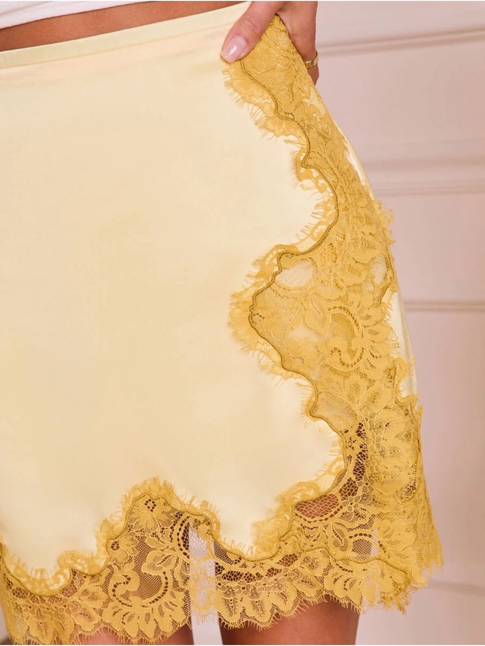 Vici Satin Lace-Trim Mini Skirt in Yellow - Picture 6 of 12